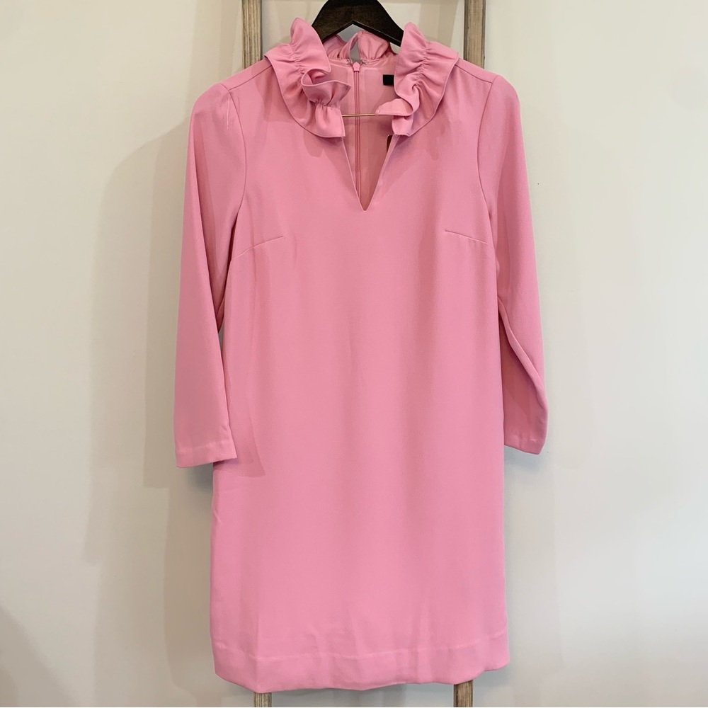 J Crew Ruffle Neck Machine Wash Shift Dress Bubblegum Pink Barbiecore NW…